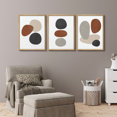 Minimal Neutral Pebble Shapes Framed Wall Art Prints Set of 3 - Rust Charcoal and Beige Organic Forms for Living Room Bedroom Entryway
