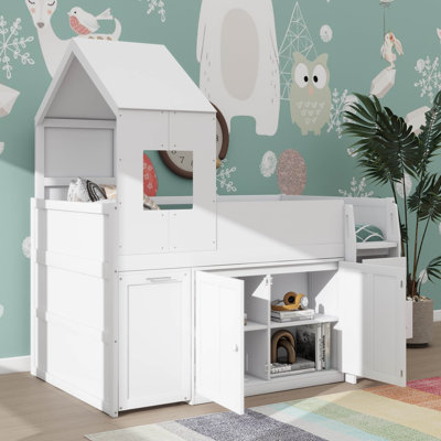 Lit mezzanine simple pour enfants et adolescents, équipé d'un bureau et d'une armoire, lit mezzanine en bois de style maison avec toit, tiroirs et unités de rangement