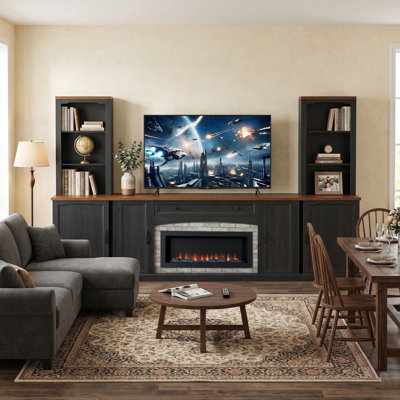 3-Piece Farmhouse TV Stand Set with Curved Side Cabinets for TVs up to 70", Black