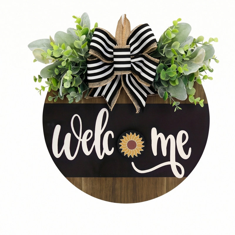 Enseigne de porte de bienvenue 11,8 "avec nœud rayé pour une décoration intérieure à l'année