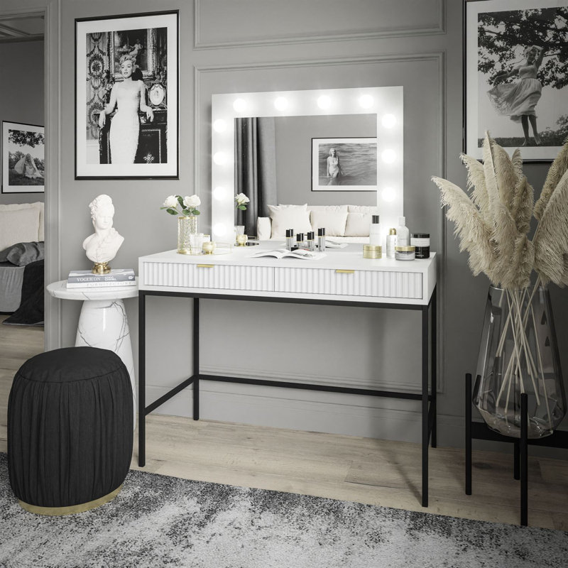 Aldonia Dressing Table with Mirror, White/Black