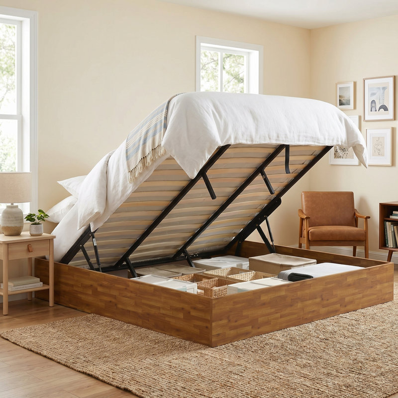 Structure de lit très grand en bois avec rangement relevable, aucun sommier nécessaire, brun rustique, Brun rustique
