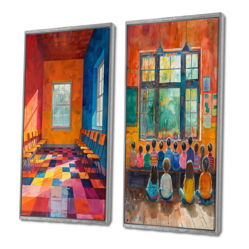 Orange Blue CreatIVe Classroom School I - Schools Wall Art 2 Pieces Set, 40" H x 40" W, Framed Print, Silver