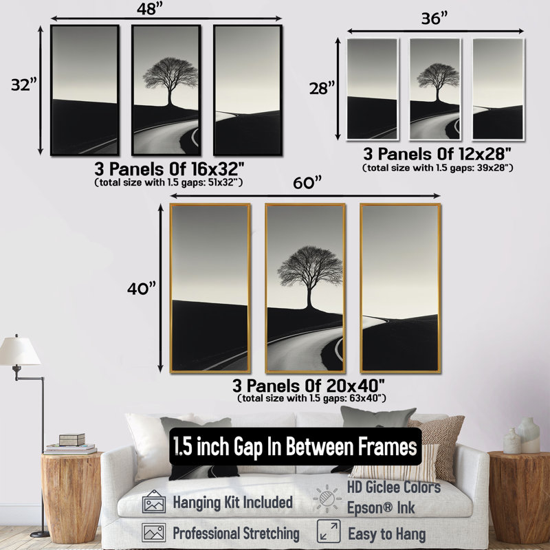 «Black and White Road», ensemble de reproductions d'art mural, Cadre flottant blanc, H 28 po x l 36 po x P 1 po