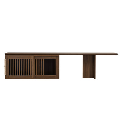 Meuble télé en noyer avec table extensible et espace de vie pour chat