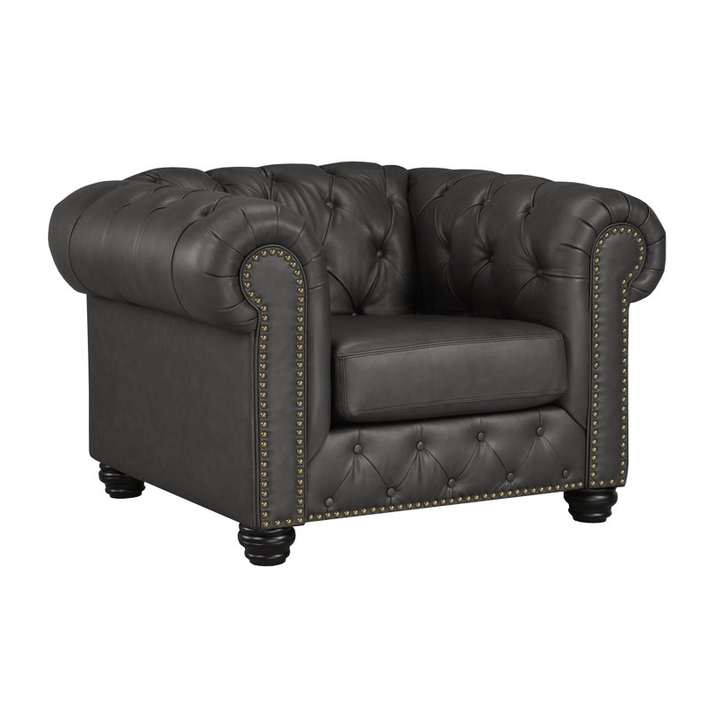 Toddington 48" Wide Tufted Genuine Leather Armchair, Charcoal Leather Match