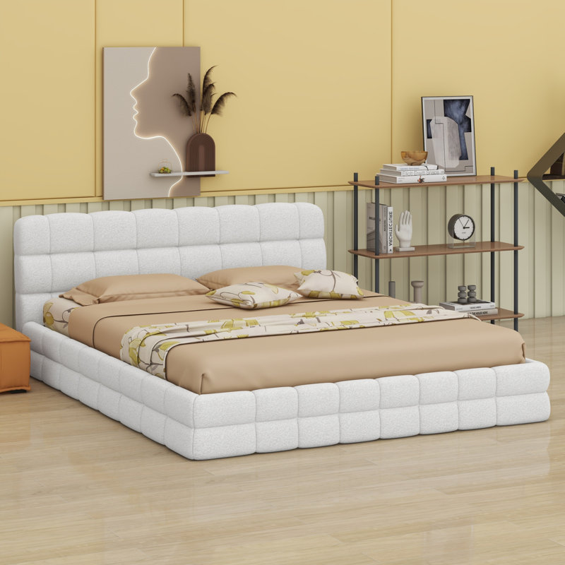 Lit plateforme en tissu d'ameublement, Blanc