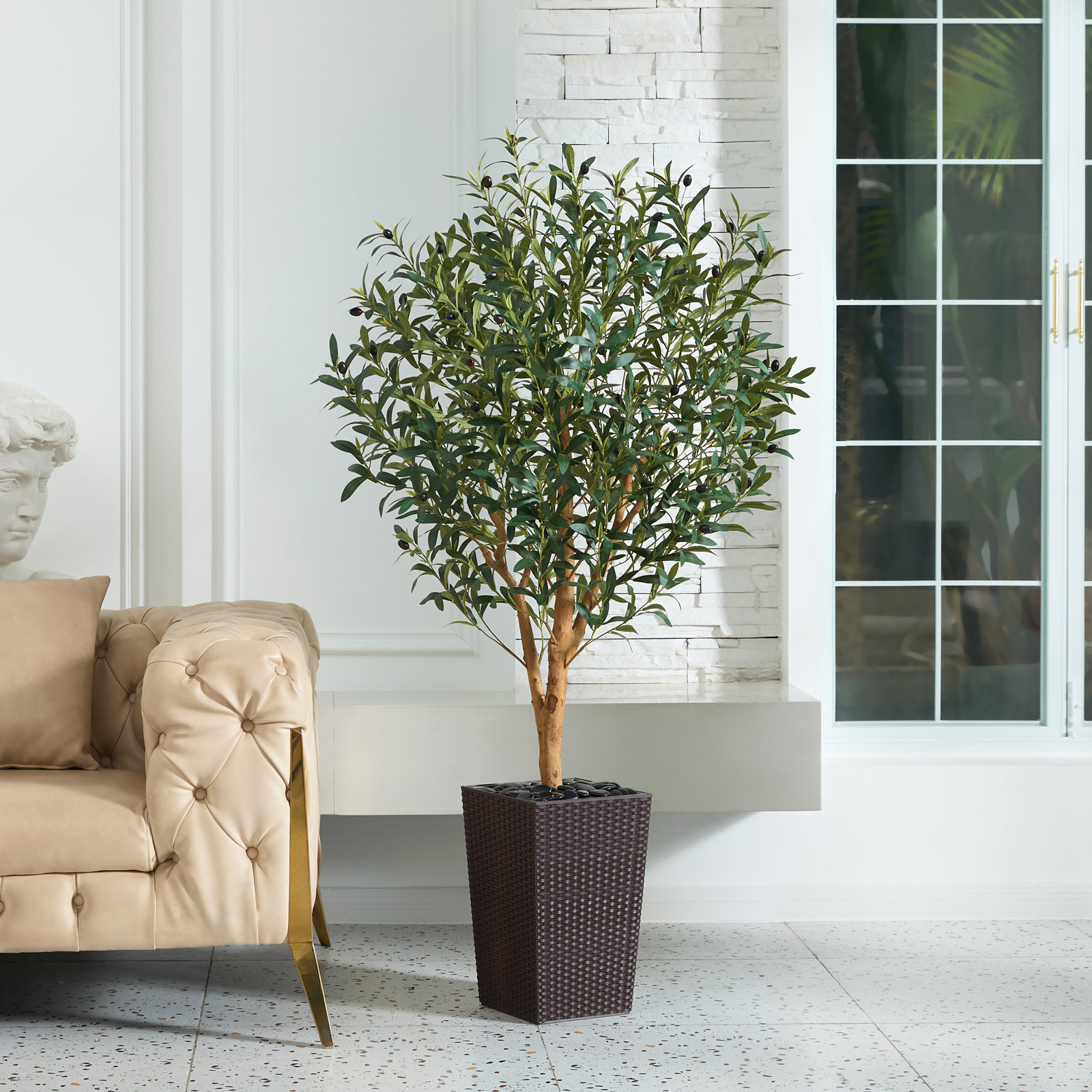George Artificial Olive Tree with Decorative Pot, UV Resistant Faux Olive Tree with Natural Trunk, 60" H x 20" W x 20" D