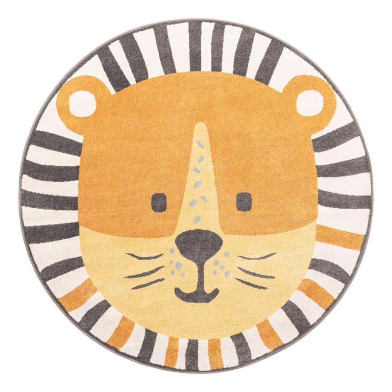 Tapis pour enfant Whimsy Lion, Rond 7 pi 10 po, Gris / Orange