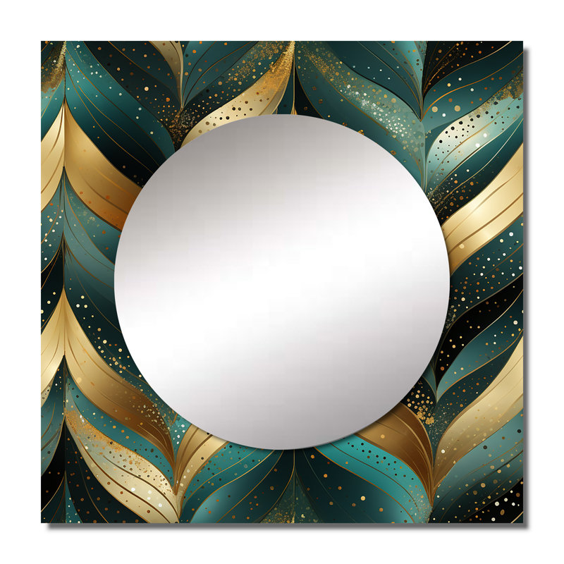 Or et vert doré rêverie chevron - art moderne carré de miroir mural de salon, 29 po x 29 po