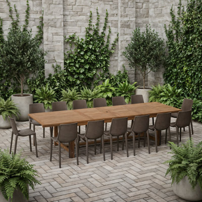 Ensemble de table de salle à manger extensible et chaises d'extérieur 15 pièces Wayland | Finition teck | Idéal pour le patio, la table et les chaises brunes