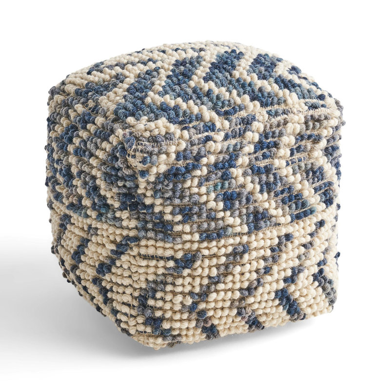 Alina Wool And Cotton Pouf, Natural And Blue