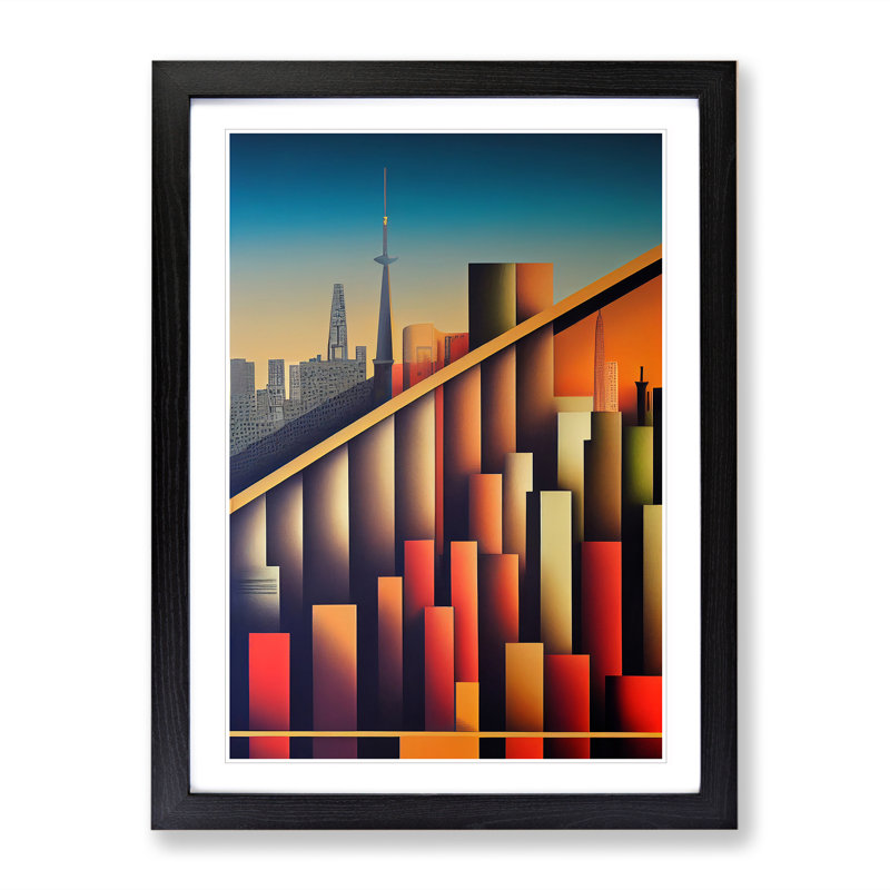 City Skyline Retro Art No.6 - Print, 66cm H x 48cm W x 2cm D, Black Framed, White