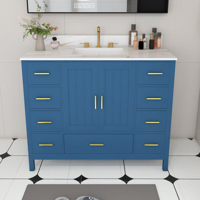 Meuble-lavabo moderne en bois massif 42 po avec lavabo 42 po, comptoir en pierre frittée blanc Carrara 43 po avec 3 trous de robinet pré-percés, 2 portes doubles à fermeture douce et 9 tiroirs spacieux avec glissières