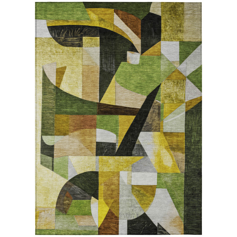 Machine Washable Indoor/Outdoor Xhevrie Green Rug, Rectangle 2'6" x 3'10"