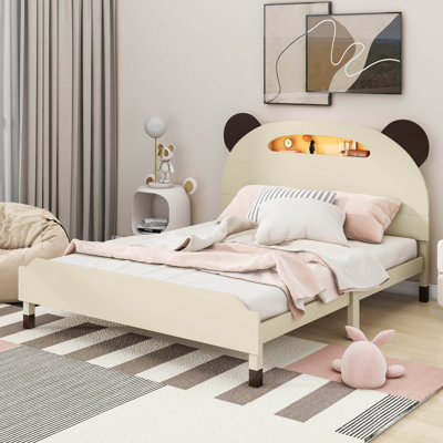 Aisea Wood Platform Bed with Bear-shaped Headboard,Bed with Motion Activated Night Lights