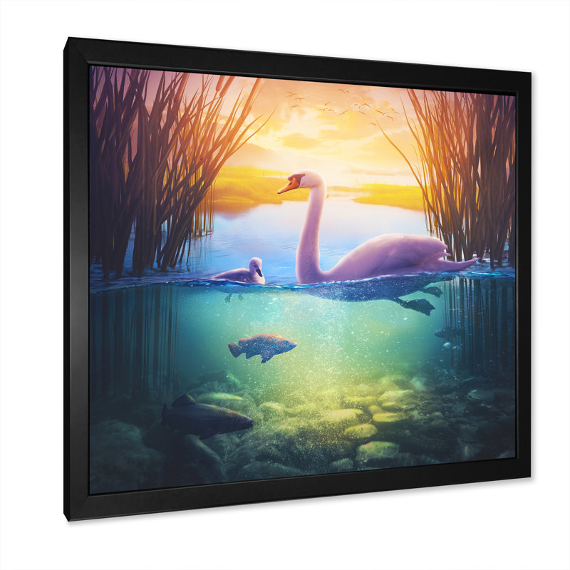 Scène de la nature surréelle Swan - Décoration murale moderne et contemporaine en toile, Impression noire sur toile encadrée