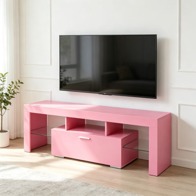 Modern LED TV Stand With Large Storage Drawer For 32 To 55 Inch Tvs, Entertainment Centre With 20 Colour LED Lights And Open Shelves, Pink Finished