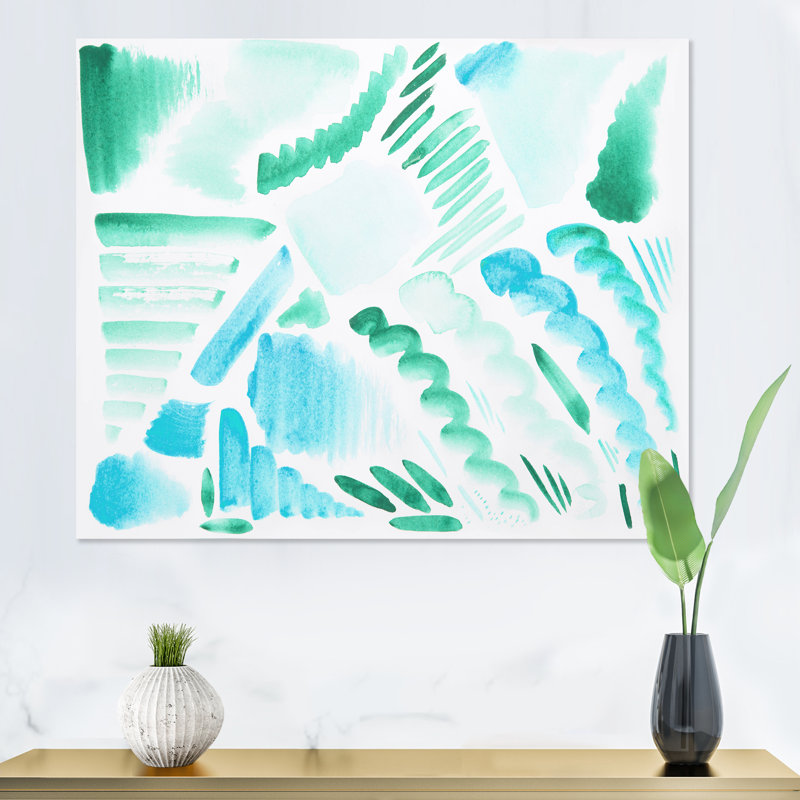 Éléments graphiques rétro en bleu et vert I - peinture sur toile, Cadre flottant en érable, H 24 po x l 32 po