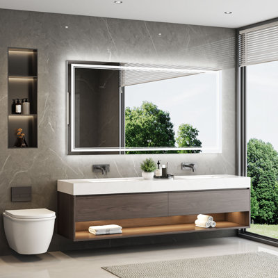 Frameless Rectangle Front & Backlit LED Bathroom Vanity Mirror with Dual LED Lighting, Dimmable 3-Color, Anti-Fog