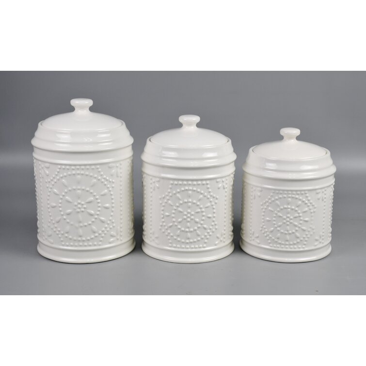 One Allium Way Embossed 3 Piece Kitchen Canister Set, White