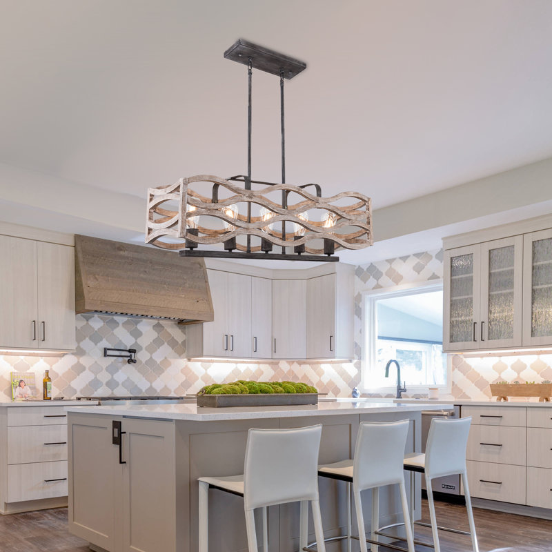 34" 5-Light Coastal Wood Chandelier Adjutable Pendant Light for Kitchen Island, Natural