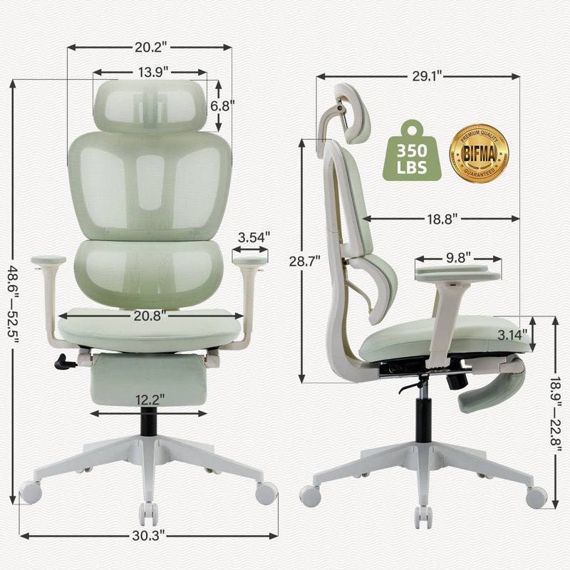 Chaise de bureau ergonomique en filet avec repose-pieds, chaise de jeu avec support lombaire dynamique, accoudoirs et appui-tête réglables, chaise de bureau à haut dossier pour la maison et le bureau (vert)