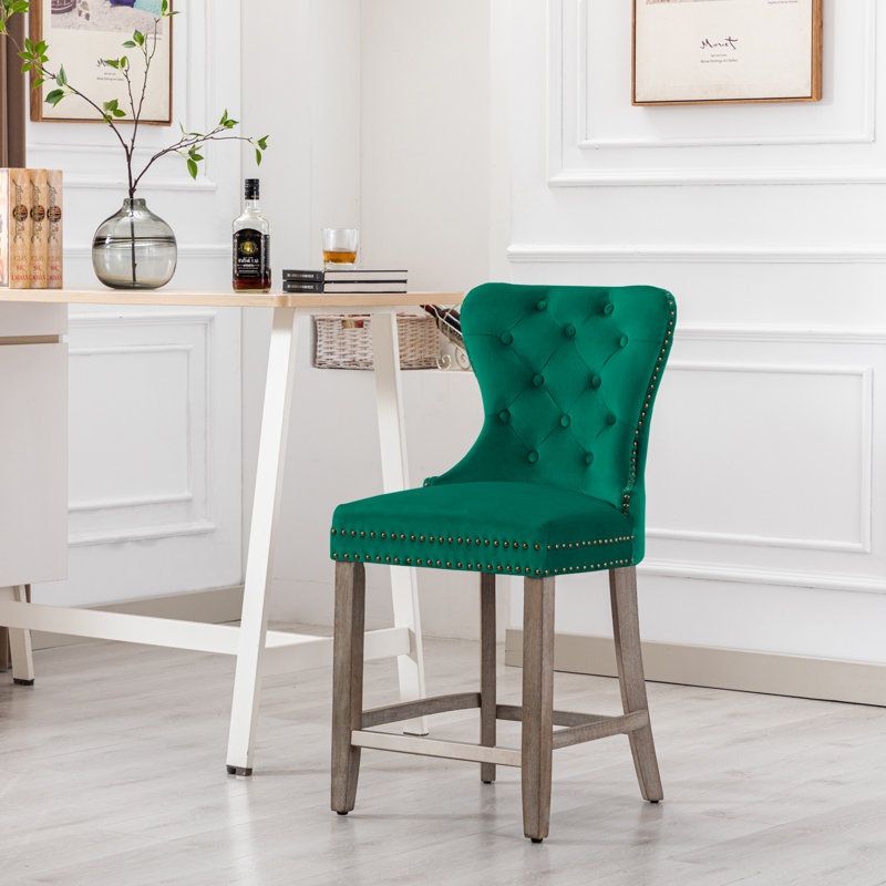 Tabouret de bar et de comptoir Kirsten, Tabouret de comptoir (siège d’une hauteur de 24, Vert / cadre gris antique