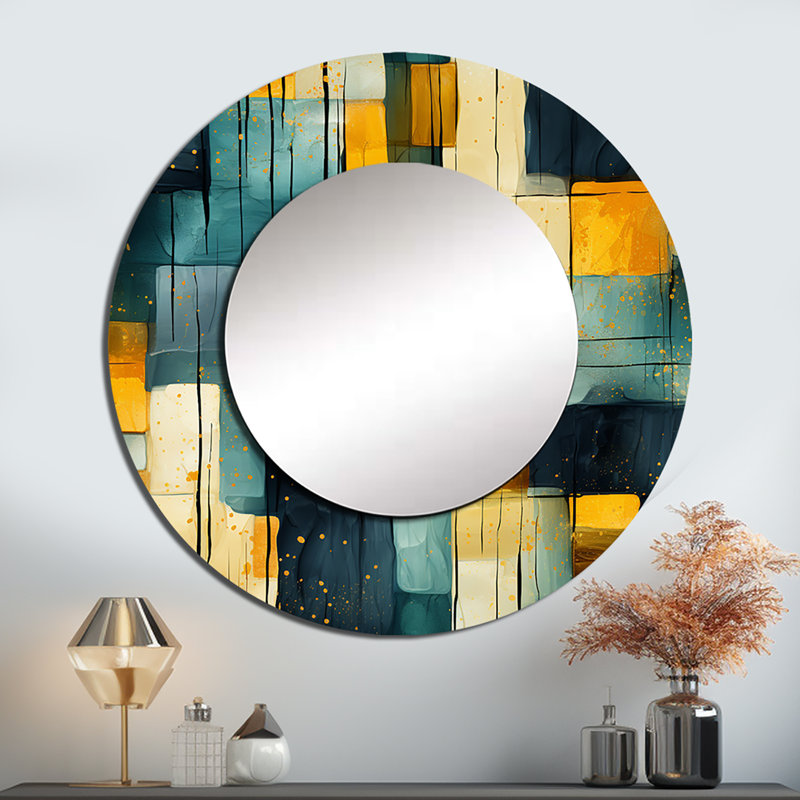 Jaune et bleu sarcelle abstrait géométrique Fusion - miroir décoratif géométrique, miroir mural rond jaune, impression sur métal