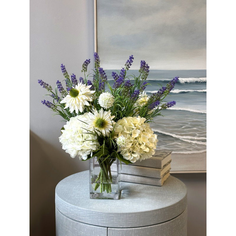 White Allium, Hydrangea, Snap Dragon, Daisy With Lavender In Glass Vase With Acrylic Water