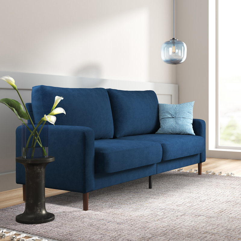 Brinnlee 76.7" Square Arm Upholstered Contemporary Modern Sofa, Blue Velvet, 33.1"H x 76.38"W x 31.9"D