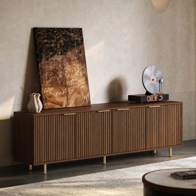 Meuble télé moderne de style Mid-Century de 68,89 pouces avec portes à rainure verticale, poignées dorées et 4 compartiments de rangement