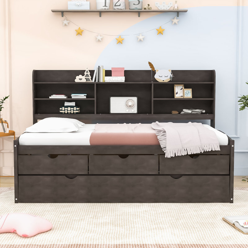 Lit plateforme simple avec rangement Dewolf, Brun antique