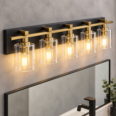 Applique murale de salle de bain noire et dorée à 5 lumières avec abat-jour en verre