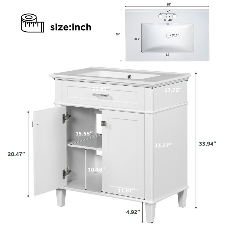 30-inch bathroom vanity with ceramic basin, White