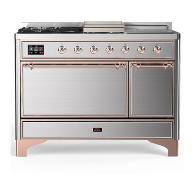 Cuisinière à double combustible de 48 pouces avec 5 brûleurs scellés, plaque chauffante et comptoir français en acier inoxydable (propane liquide, garniture en cuivre) Majestic III Series