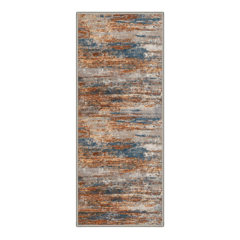 Verve Abstract Brush Strokes Machine Washable Rustic Azure Indoor Area Rug With Non-Slip Backing, Runner 2' x 6'