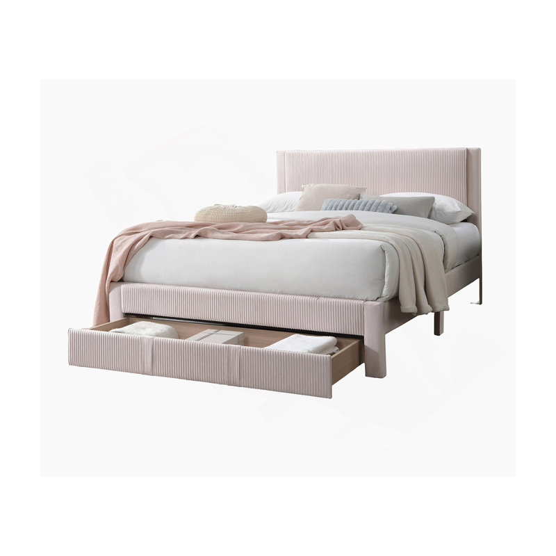 Lit double contemporain en velours côtelé rose clair avec tiroir de rangement sous le lit, parfait pour les chambres modernes et peu encombrant.