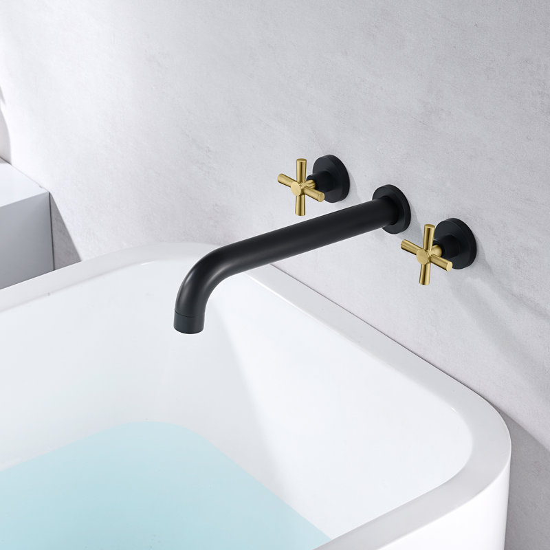 SUMERAIN High Flow Bathtub Faucet,  Extra Long Spout Double Handle Wall Mounted Tub Filler, Black/Gold, Cross Handle