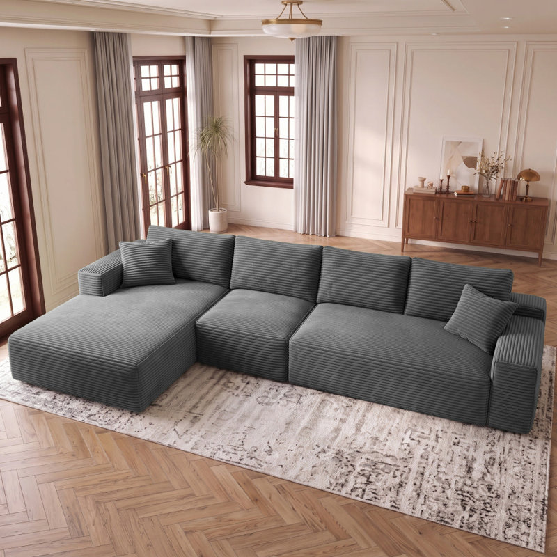 Canapé modulaire 135,4 po pour salon modulaire en L en velours côtelé rembourré à compression, Velours côtelé gris