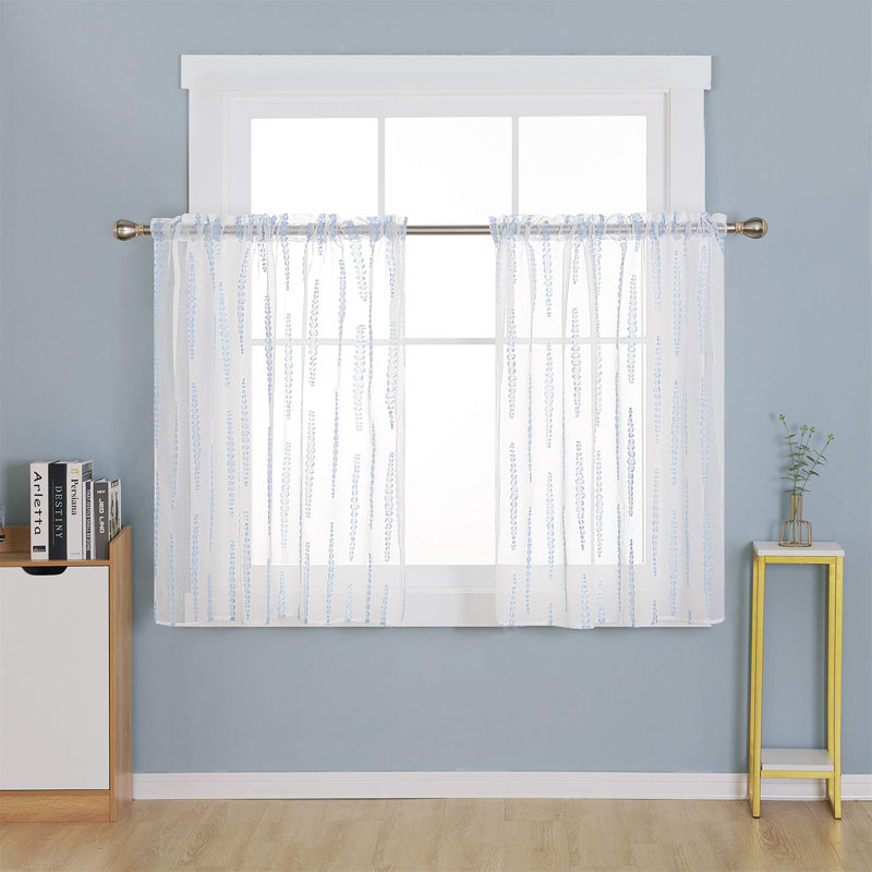 Jacquard Striped Design Rod Pocket Sheer Curtains (Set of 2), 52" W x 36" L, Sky Blue