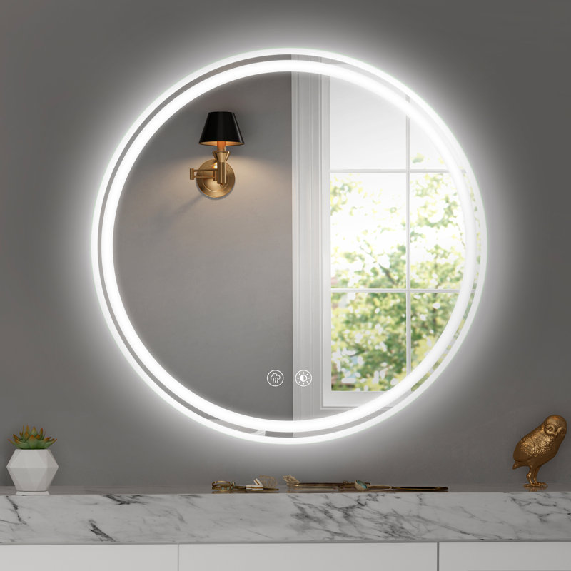 Miroir de salle de bain 28 po à DEL rond - fixation murale pratique