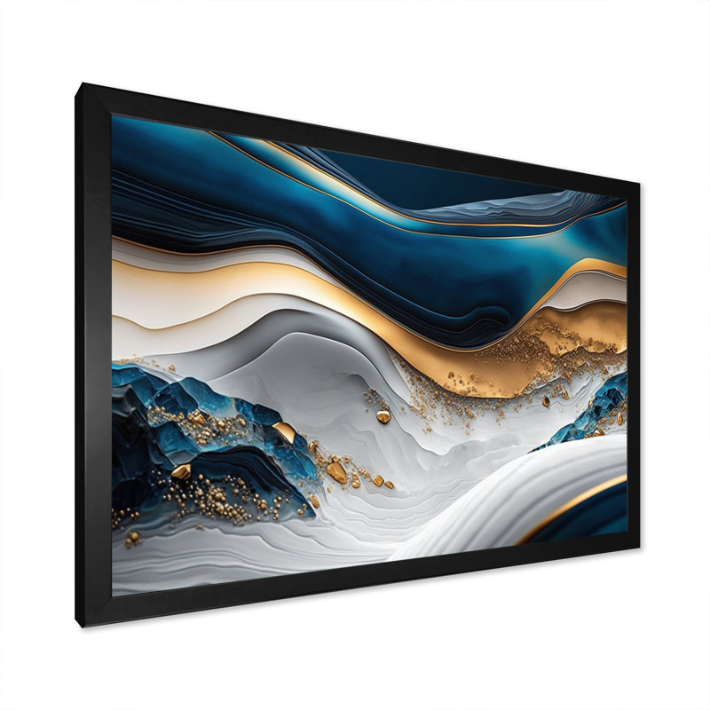 «Abstract Geode Waves Blue II», art mural abstrait, Cadre simple noir, H 16 po x l 32 po x P 1 po