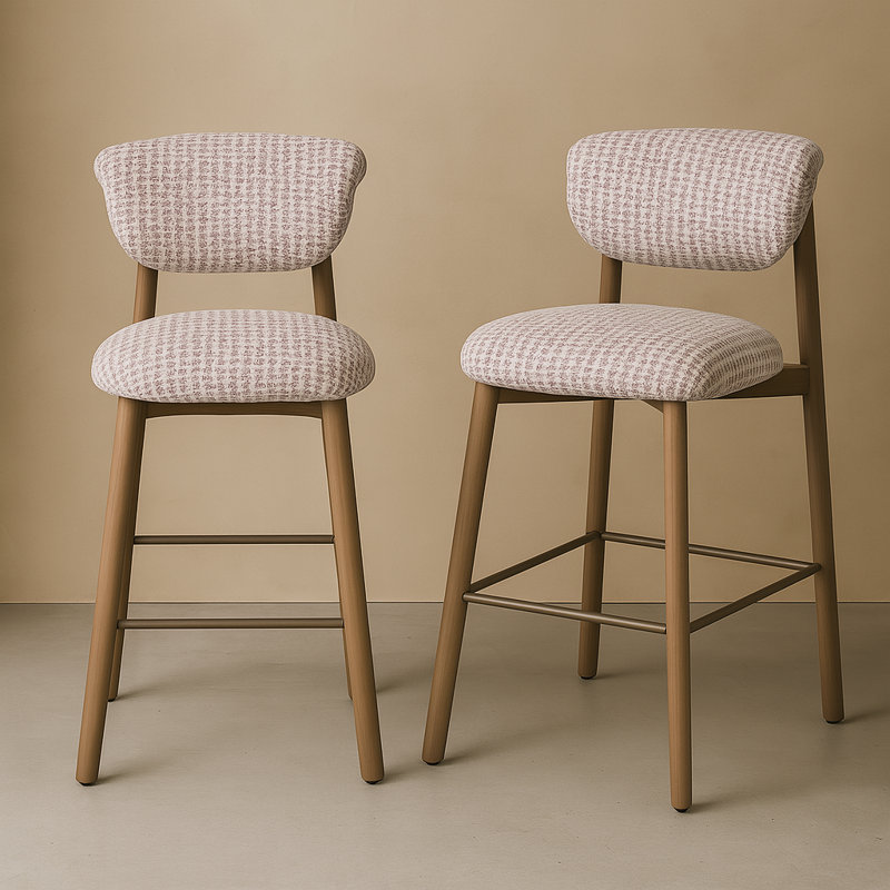 Set Of 2 Upholstered Counter Height Stools With Wood-look Metal Frame, Rolled Backrest, Woven Fabric, Plaid Beige