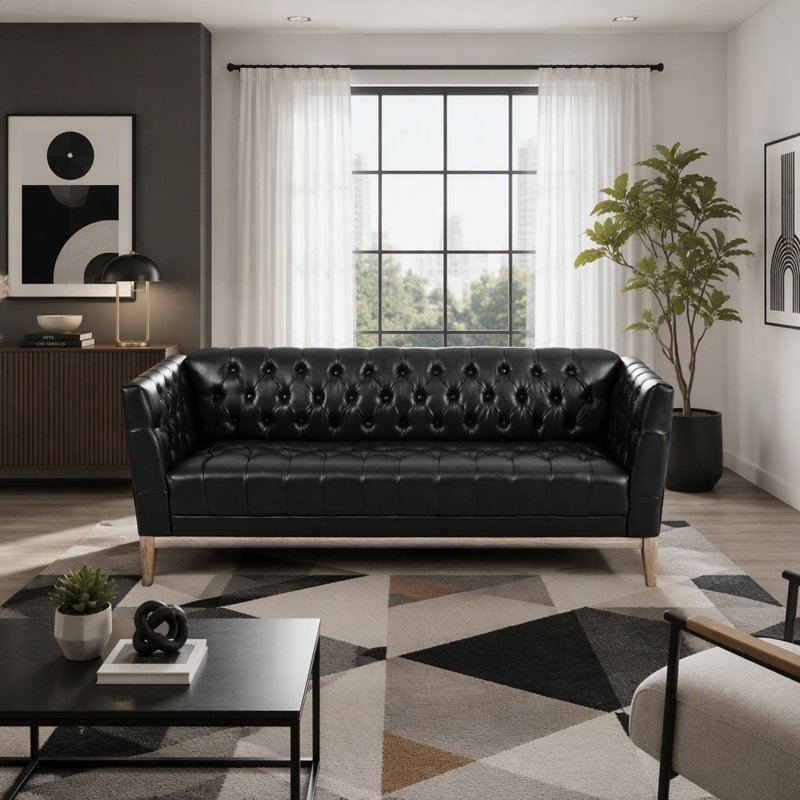 Canapé Chesterfield 79,1 po Mid-Century, Black Faux Leather