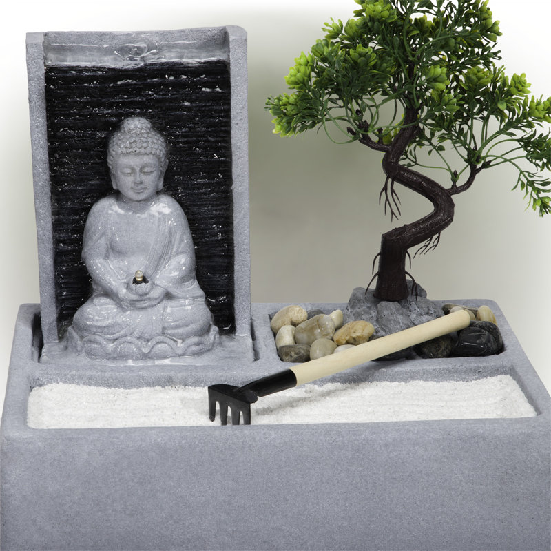 Gray Cement Buddha Bonsai Garden Tabletop Fountain with LED Light