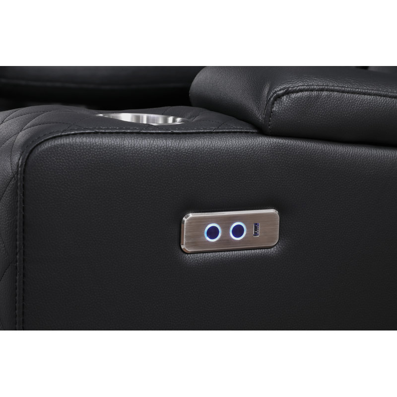 Tayeba Power Leather Recliner Loveseat Sofa With Storage Consol & Bluetooth Speakers & Led Lights, Black