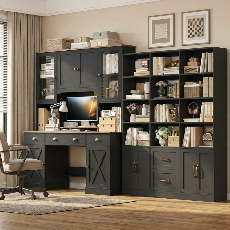 🖥️📚2-Piece Office Set – Large Computer Desk With Hutch & Triple-Wide Bookcase – Open Shelves + Closed Storage For Clutter-Free Workspace