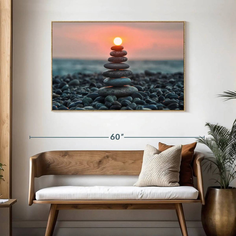Zen pile au coucher du soleil, Cadre flottant en bois naturel, 46 po x 31 po