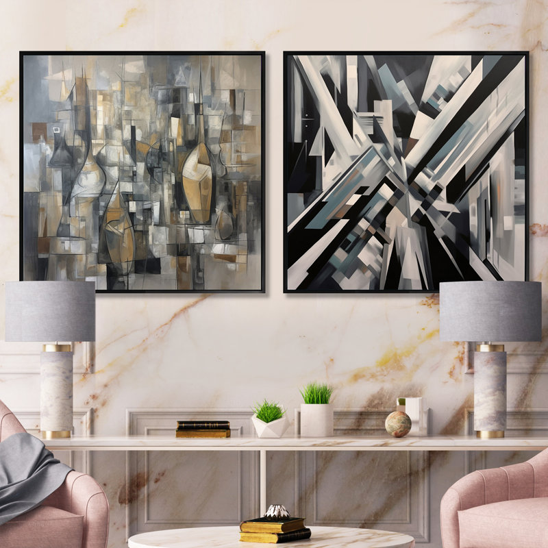 Mid Century Chromatics - Ensemble de 2 collages carrés Mid-Century modernes, Cadre flottant noir, H 36 po x l 73 po